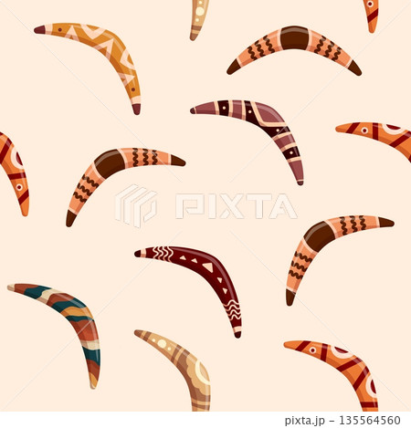 Boomerangs seamless pattern. Decorative boomerang folk ornaments. Wooden australian elements, traditional design. Fabric, textile print, sapid vector background 135564560