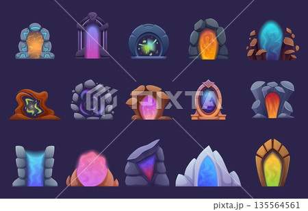Cartoon magic gates. Futuristic entrances with shining plasma, glowing portals in stone frames and arches. Different computer game elements, sapid vector set 135564561