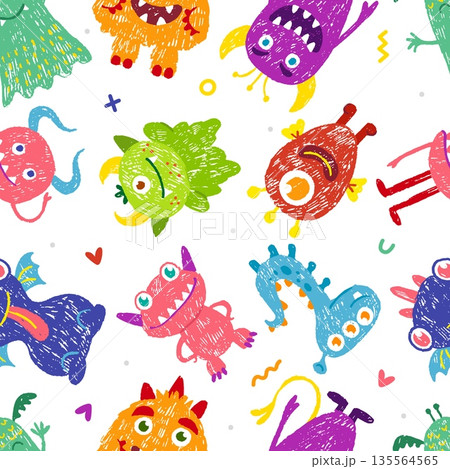 Pencil monster seamless pattern. Crayon drawing monsters and aliens, colorful fantasy unusual characters. Print template for fabric, textile, neoteric vector background 135564565