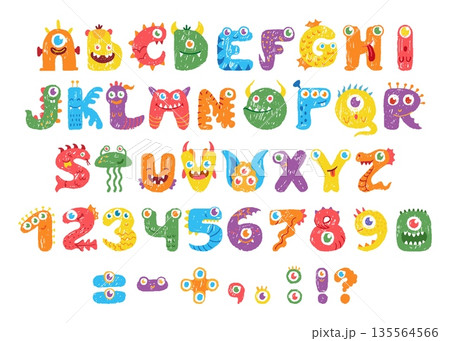 Kids monster letters. Chalk drawing numbers, letter and marks. Crayon or pencil children style drawn. Kids abc for childish poster, banners design, neoteric vector set Kids monster letters. Chalk drawing numbers, letter and marks. Crayon or pencil children style drawn. Kids abc for childish poster, banners design, neoteric vector set 135564566