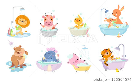 Animal taking bath. Funny leo pig hippo tiger duck in bathtub. Mommy wash child kangaroo. Cute animals for children stickers, prints, banners, nowaday vector set 135564574