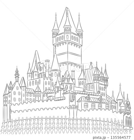 Linear illustration of fortress in Cochem isolated on white background, Germany. Linear illustration of fortress in Cochem isolated on white background, Germany. 135564577