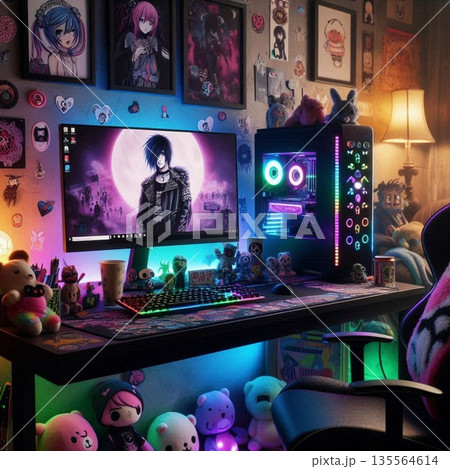 エモいPC！男女オタクやクリエイター＆ゲーマーのデスク机部屋 135564614