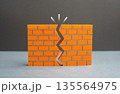 A crack in the wall. Issues with reliability. Lack of confidence in strength and resilience. Structural risk metaphor, hidden flaws and warning signs affecting safety 135564975