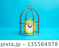 A stopwatch enclosed in a cage. Stop time, freeze deadlines. Postpone the deadline. Delay strategy concept, controlled pause and relief from pressure. Time management choices, extensions 135564978