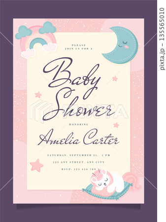 Baby shower invitation card with cute sleeping unicorn rainbow moon and stars for newborn girl decor. 135565010