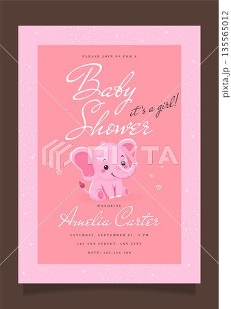 Baby shower invitation for girl with cute pink elephant and sparkling stars on pink background. 135565012