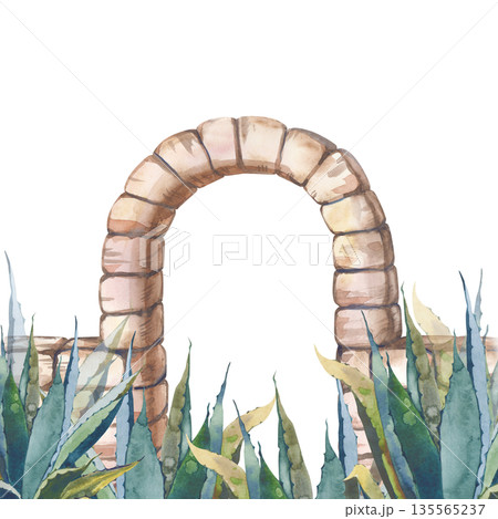 An ancient stone arch with green aloe vera bushes. Watercolor illustration of an arched passage in natural colors on an isolated background. Realistic clipart of the Greek architectural element. An ancient stone arch with green aloe vera bushes. Watercolor illustration of an arched passage in natural colors on an isolated background. Realistic clipart of the Greek architectural element. 135565237