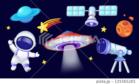 Space elements concept of 3D illustration set for modern web design. Collection with glossy planets, flying star, satellite, moon, astronaut, ufo spacecraft, astronomy telescope. Vector illustration. Space elements concept of 3D illustration set for modern web design. Collection with glossy planets, flying star, satellite, moon, astronaut, ufo spacecraft, astronomy telescope. Vector illustration. 135565265