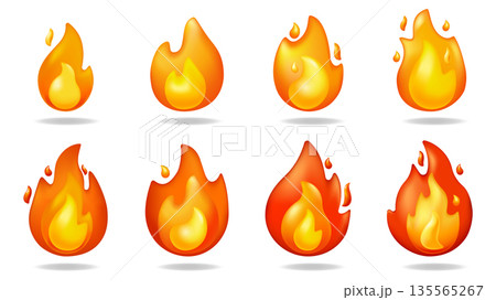 Fire flames concept of 3D illustration set for modern web design. Collection with glossy orange, yellow and red blaze igniting step by step. Simple burn flammable shape symbols. Vector illustration. Fire flames concept of 3D illustration set for modern web design. Collection with glossy orange, yellow and red blaze igniting step by step. Simple burn flammable shape symbols. Vector illustration. 135565267