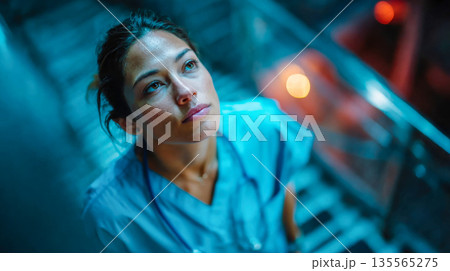 Tired female doctor in hospital corridor looking upward, expressing stress, fatigue, and emotional pressure 135565275