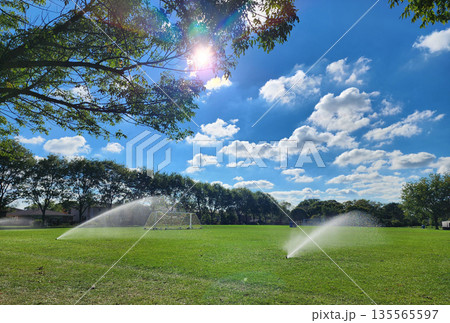 Sprinkler watering football field. System working football stadium. Automatic lawn sprinkler watering green grass. Water sprinklers watering soccer field. Football field. Irrigation of sport field 135565597