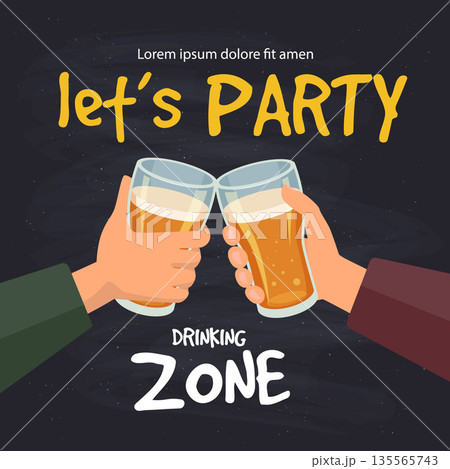 Brewery placard. alcohol party invitations. hands holding beer glasses Brewery placard. alcohol party invitations. hands holding beer glasses 135565743