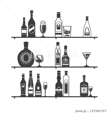 Bottles on shelves. alcoholic drinks in different bottles standing on bar shelves 135565747