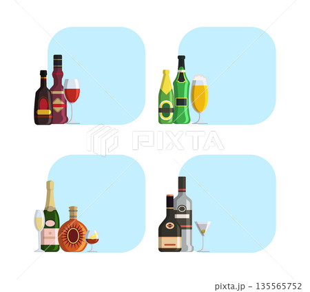 Alcoholic drinks. background with set of flat illustrations bottles and place for text 135565752