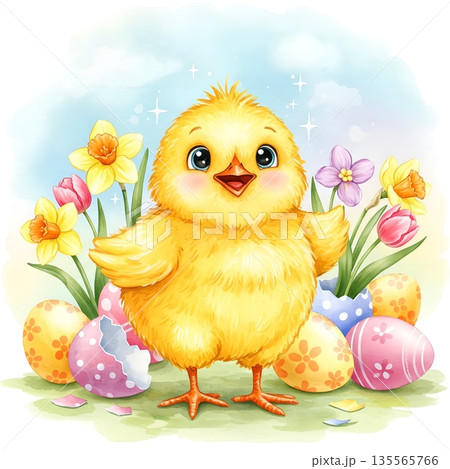 Illustration of a fluffy yellow chick with large, bright eyes surrounded with colorful Easter eggs and vibrant spring flowers 135565766