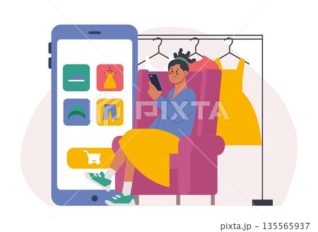 Shopaholism concept. Young woman buy in marketplace, online store. Order clothes, shoes, accessories on discount. Sale time, digital shopping vector scene Shopaholism concept. Young woman buy in marketplace, online store. Order clothes, shoes, accessories on discount. Sale time, digital shopping vector scene 135565937
