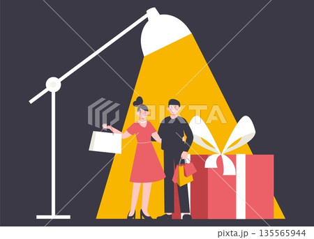 Happy modern couple with purchases. Society of consumption and gifts in light of table lamp, metaphor for extravagance and waste, vector concept with flat characters Happy modern couple with purchases. Society of consumption and gifts in light of table lamp, metaphor for extravagance and waste, vector concept with flat characters 135565944
