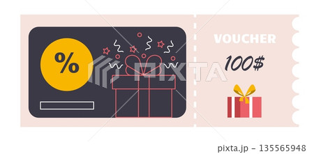 Gift voucher template. Sale, discount banner with card and torn edge. Tear-off coupon for present in store or shop. Promotion in supermarket or boutique, vector flat design 135565948