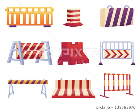 Road repair barriers. Stone metal and concrete barricades, street and traffic works equipment. Isolated cartoon no entry blocks, nowaday vector clipart Road repair barriers. Stone metal and concrete barricades, street and traffic works equipment. Isolated cartoon no entry blocks, nowaday vector clipart 135565970