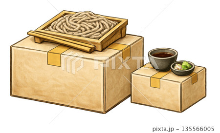 引っ越し段ボールの上の引っ越し蕎麦（ざるそば）のイラスト 135566005