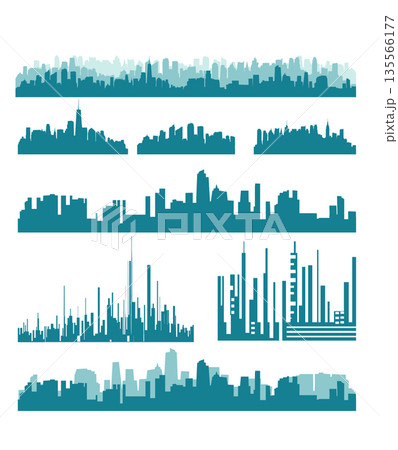 Many tall skyscraper buildings a set of city panoramas. Hand drawn Not AI, vector illustration. 135566177