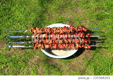 Cooked pork meat. Barbecue lunch. Appetizing shashlik on skewers on plate 135566201