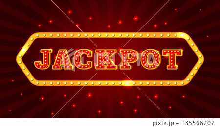 Jackpot light bulb banner. Big win casino slot machine game screen background, retro signboard style shining bulbs lamp prize winner vintage vegas letter, kicky vector illustration 135566207
