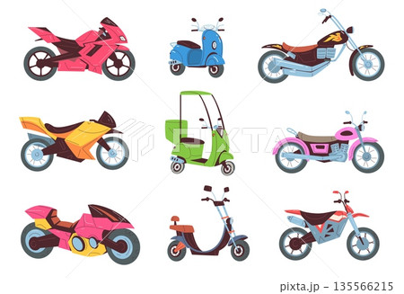 Cartoon motorcycles set. Motor cycle toys, different motorbike electric scooter moto bike city transport delivery or sport motorbike fast motorcycle, classy vector illustration 135566215