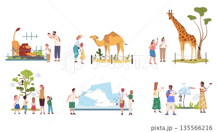 People in zoo. Family looking on exotic wild animals behind enclosure fences, parents kids summer weekend take selfie photo african savanna park visit, classy vector illustration 135566216