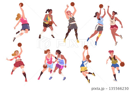 Women basketball players. Female athlete playing game throwing ball in basket, girl sport team professional athletes, woman player defense pose cartoon classy vector illustration 135566230