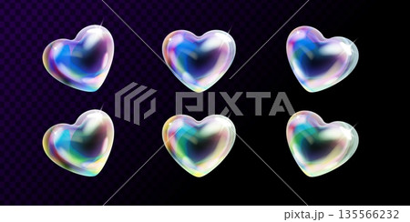 3d soap heart. Realistic bubble hearts clear glass transparent shape, love abstract water balloon icon rainbow overlay effect valentine day concept design exact vector illustration 135566232