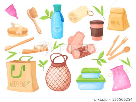 Zero waste items. Reusable products, nature elements kitchen utensils wood brush eco friendly lifestyle biodegradable product refuse plastic, cartoon set neat vector illustration 135566254
