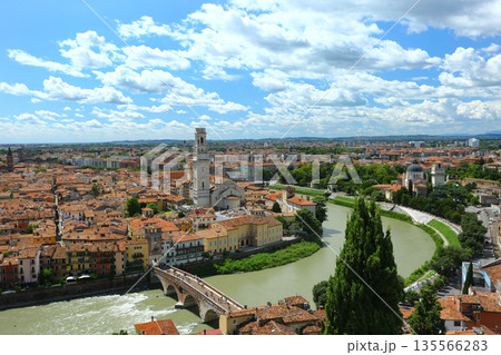 Travel photography of Verona with churches, towers and river 135566283