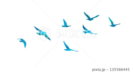 Flying birds blue silhouette flock. hand drawing. Not AI. Vector illustration 135566445