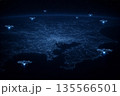 宇宙から見た関東の夜景地図（衛星画像風）とドローンのイメージ 135566501
