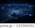 宇宙から見た中部の夜景地図（衛星画像風）とドローンのイメージ 135566502