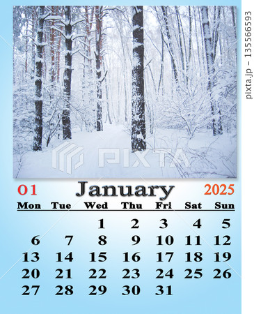 calendar for January 2025 with image of winter forest. January calendar calendar for January 2025 with image of winter forest. January calendar 135566593