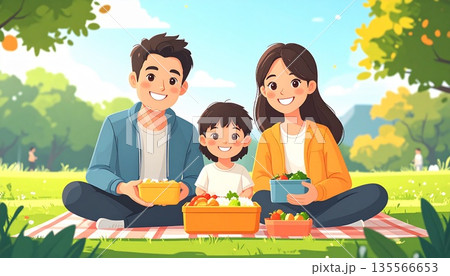 運動会の昼ごはんに家族でお弁当を食べるイラスト素材 135566653