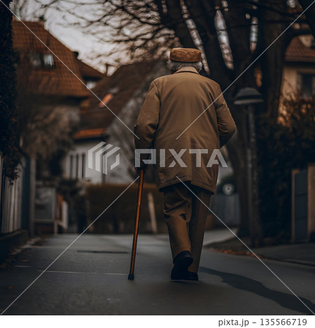 Senior Man Walking with Walking Stick in Residential Neighborhood Senior Man Walking with Walking Stick in Residential Neighborhood 135566719