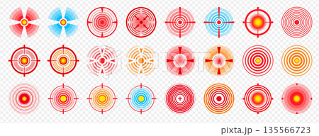 Vector set of point pain icons, ache localization symbols, circle painful area with red target Vector set of point pain icons, ache localization symbols, circle painful area with red target 135566723