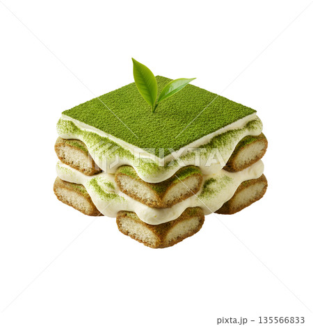 Modern dessert, matcha green tea tiramisu, layered with cream and dusted with powder, isolated on a transparent background 135566833