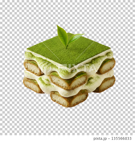 Modern dessert, matcha green tea tiramisu, layered with cream and dusted with powder, isolated on a transparent background 135566833