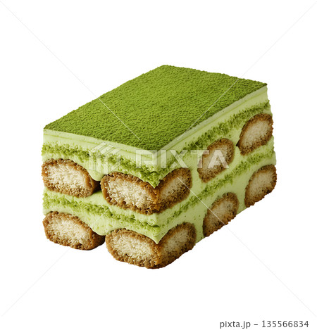 Delicious fusion dessert of matcha tiramisu, featuring the iconic green layers, perfect for food blogs, cafe menus, and japanese-inspired sweets 135566834