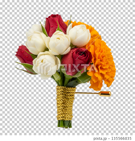 Elegant boutonniere or floral pin with red roses, white roses, and a bright orange marigold, isolated for weddings and formal events Elegant boutonniere or floral pin with red roses, white roses, and a bright orange marigold, isolated for weddings and formal events 135566835