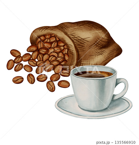 Watercolor illustration of a jute bag with roasted coffee beans and a cup of black coffee. Illustrations for coffee shops, cafes, packaging, menus, and product design. 135566910