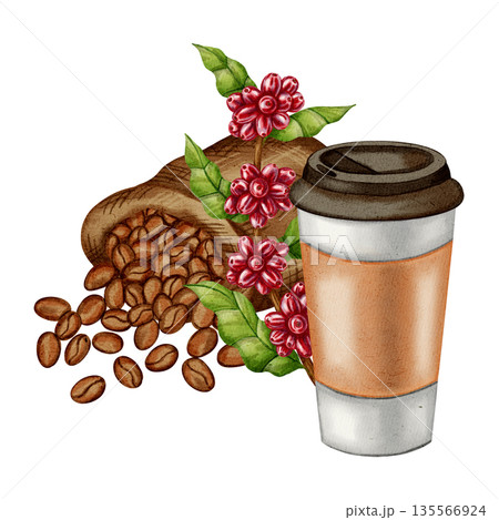 Watercolor illustration of a jute bag with roasted coffee beans and a cup of black coffee. Coffee to go. Illustrations for coffee shops, cafes, packaging, menus, and product design. 135566924