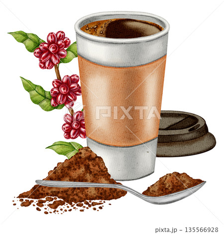 Watercolor illustration of a takeaway coffee cup. A paper cup of coffee to go. Coffee cherries and ground coffee in a spoon. Illustrations for coffee shops, cafes, packaging, menus, and product design 135566928