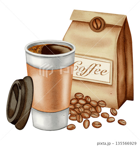 Watercolor illustration of a takeaway paper coffee cup. Coffee to go. Coffee beans and a craft coffee bag. Illustrations for coffee shops, cafes, packaging, menus, and product design. 135566929