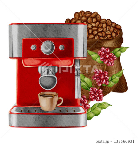 Watercolor illustration of a coffee machine with a cup and a jute bag of roasted coffee beans. Illustrations for coffee shops, cafes, packaging, menus, and product design. Watercolor illustration of a coffee machine with a cup and a jute bag of roasted coffee beans. Illustrations for coffee shops, cafes, packaging, menus, and product design. 135566931
